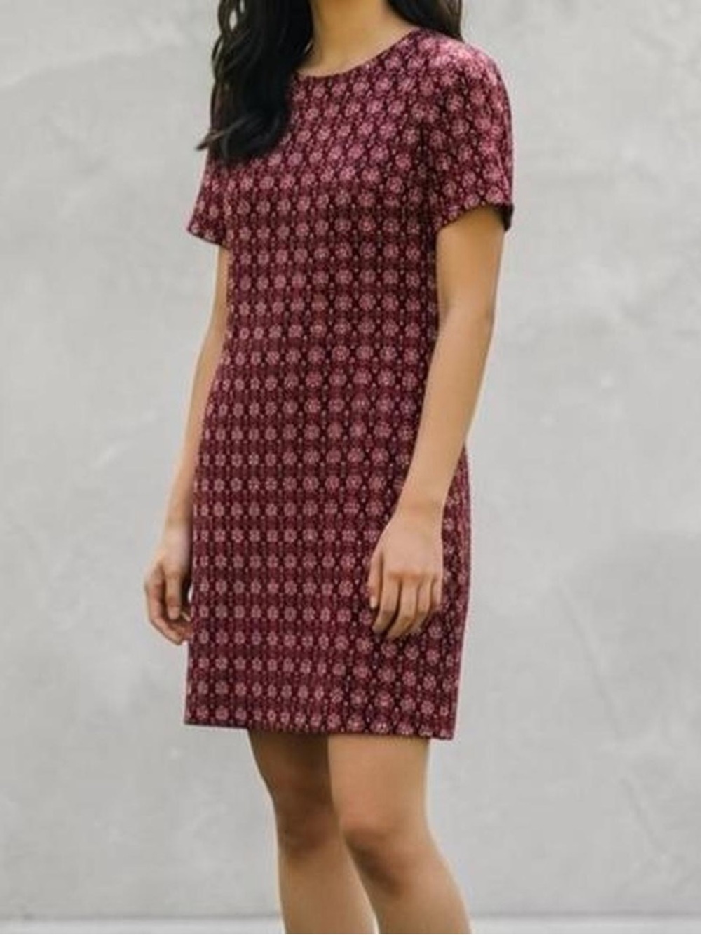 LOFT Burgundy Printed Short Sleeve Shift Dress Medium